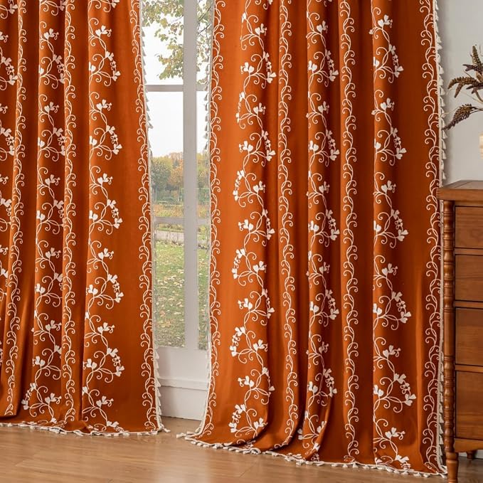 F-CHU Terracotta Curtains for Bohemian 90 Inch Length French Country Floral by F-CHU