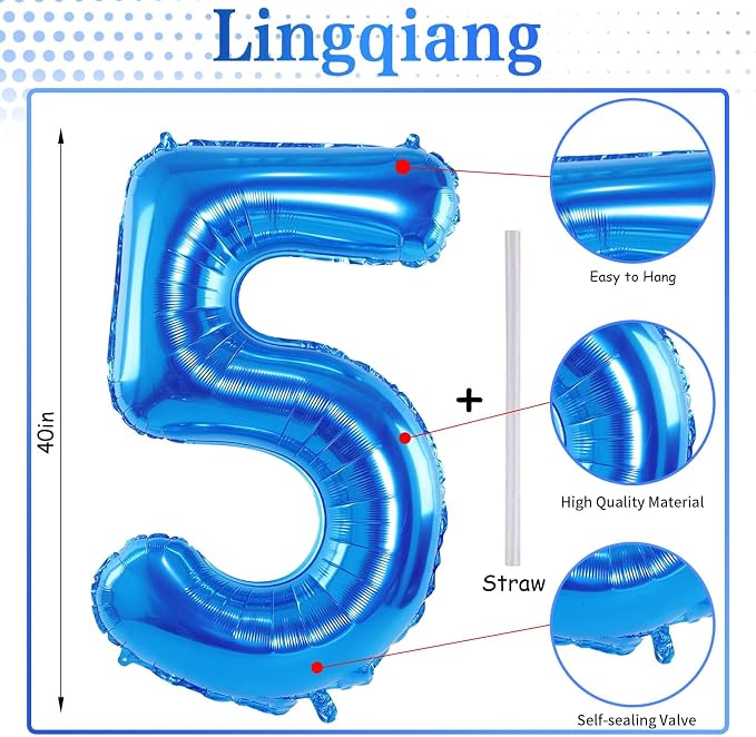 Blue Number Balloons, 40inch Large Number 5 Foil Mylar Helium Balloons - Image 2