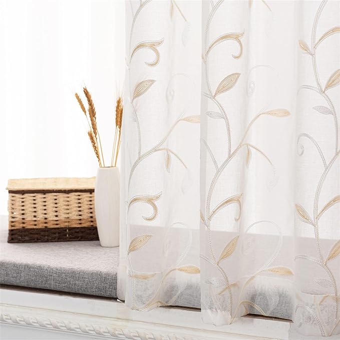 White Sheer Curtains Beige Embroidered Leaves 2 Panels 54Wx120L | Light - Image 5