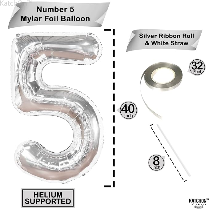 KatchOn Silver 5 Balloon Number 40 Inch | 5th Birthday Decorations, 5 Mylar - Image 4