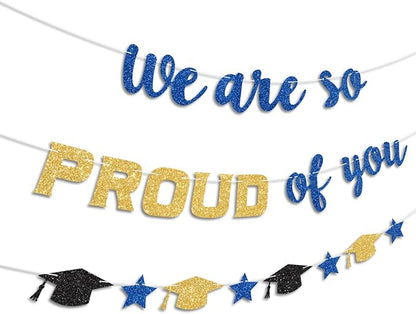 We Are So Proud of You Banner Prestrung Blue and Gold Graduation Banner - Image 2