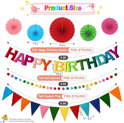 Rainbow 3D Happy Birthday Banner, Pre-Strung Felt Party Decorations | - Image 2