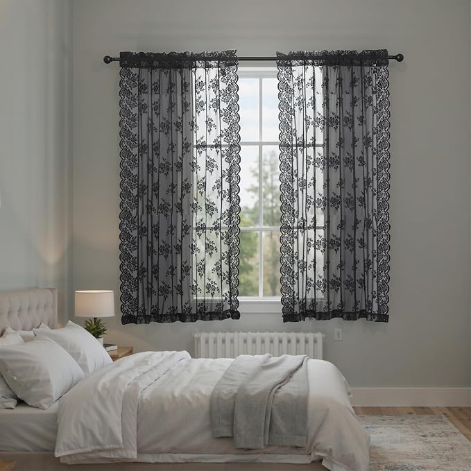 Kotile Black Floral Lace Curtains by Kotile+Curtains