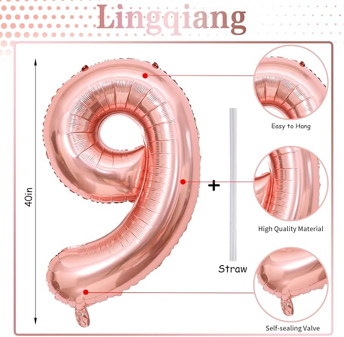 40 Inch Rose Gold Large Numbers Balloons 0-9, Self Inflating Foil Number 9 - Image 2
