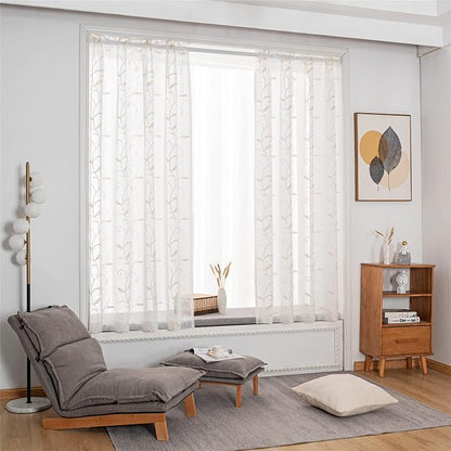 White Sheer Curtains Beige Embroidered Leaves 2 Panels 54Wx120L | Light - Image 6