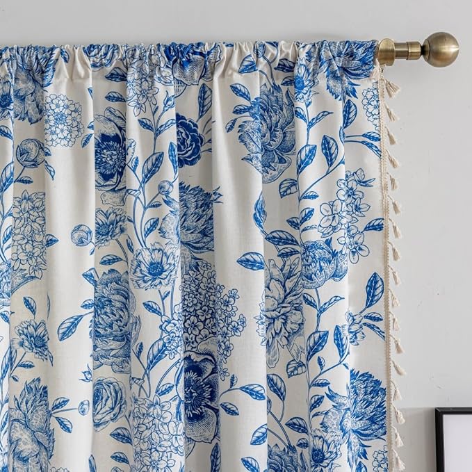 F-CHU Blue Floral Farmhouse Curtains Living Room Drapes 84 Inch Length Cotton - Image 3