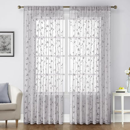 HOMEIDEAS Light Grey Sheer Curtains 2 Panels, Embroidered Vine Leaf, W52xL84 | by HOMEIDEAS