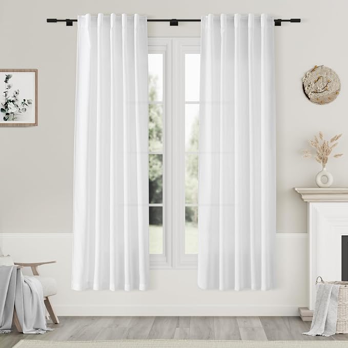 White Semi Sheer Linen Curtains 72 inch Length by Nanspring