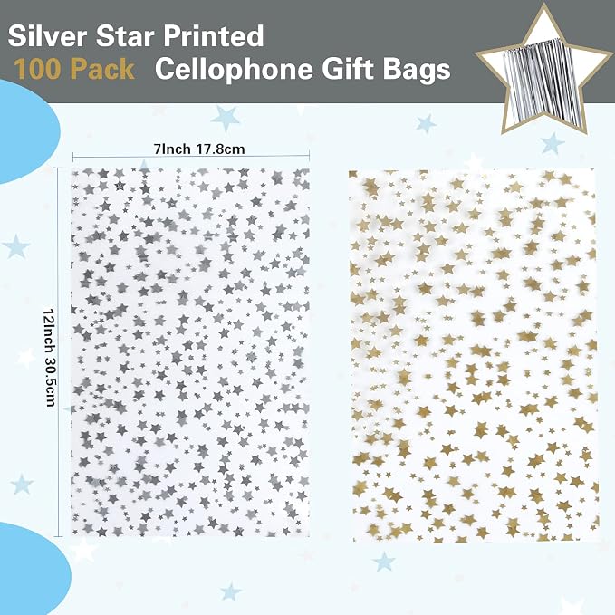 100 Pcs Star Printed 7"X 12" Gift Wrap Cello Cellophane Treat Bags Party Favor - Image 2