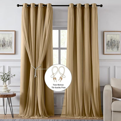 100% Blackout Curtains for Bedroom, Double Layer Khaki Curtains, Room Darkening - Image 2