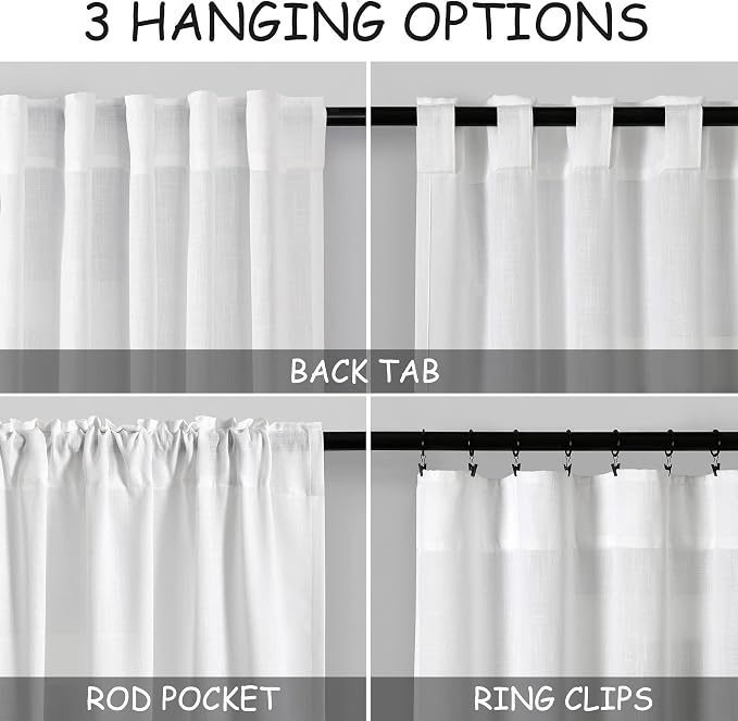 White Linen Curtains Back Tab Sheer Curtains 90 Inches Long - Image 4
