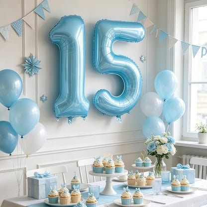Pastel Blue 15 Balloon Number, Light Blue 15 Balloons - Image 5