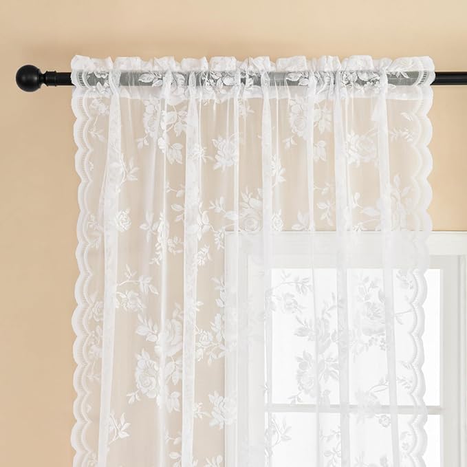 SEEKRIGHT White Lace Curtains 63 Inch Length 2 Panels Set Victorian Floral - Image 3