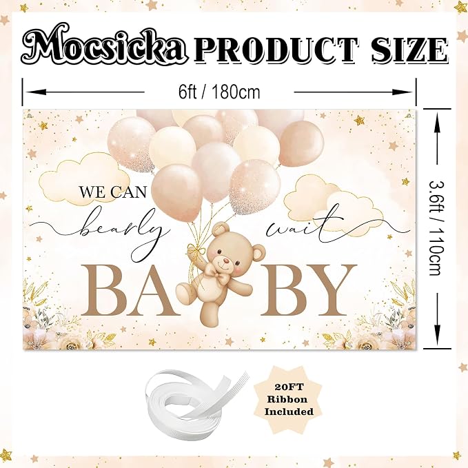Mocsicka We Can Bearly Wait Backdrop Banner Brown Bear Baby Shower Banner Bear - Image 4