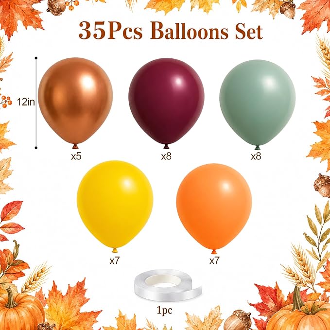 Fall Balloons, 12 Inch Burgundy Sage Green Orange Yellow Latex Balloons | - Image 2