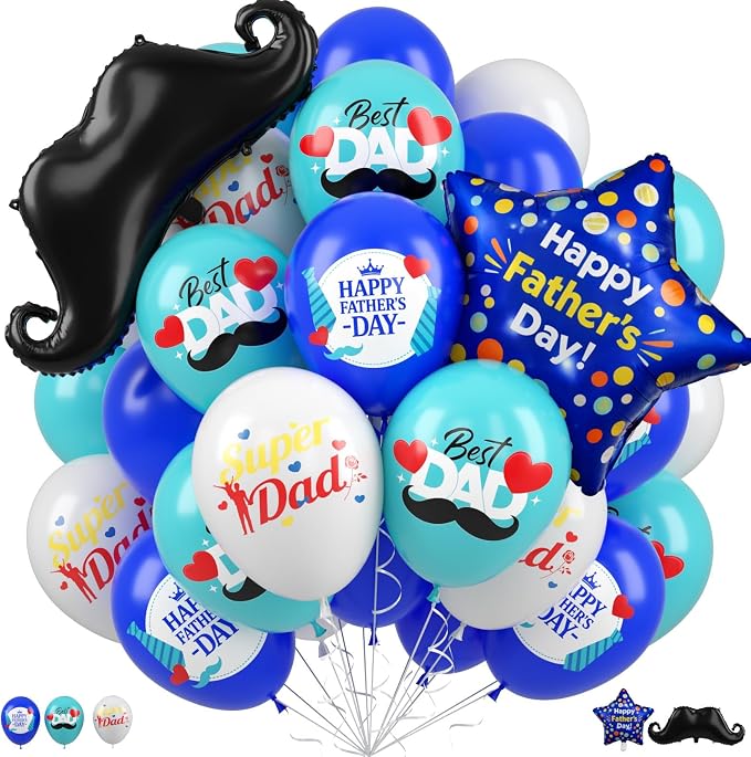 Fathers Day Party Balloons, 12 Inch Royal Blue Teal White Printed Latex Balloons by FEYG