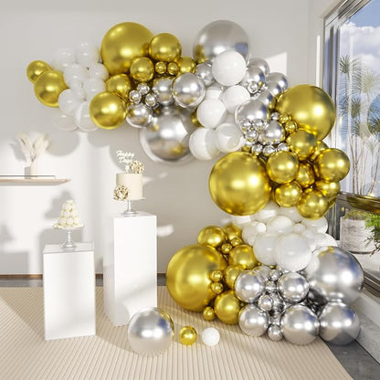 127pcs Silver Gold White Latex Balloons Garland Arch Kit 18in 12in 10in 5in by MOXMAY