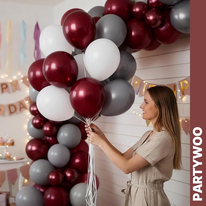 PartyWoo Burgundy White and Gray Balloons 66pcs 12 Inch Burgundy Balloons | - Image 8