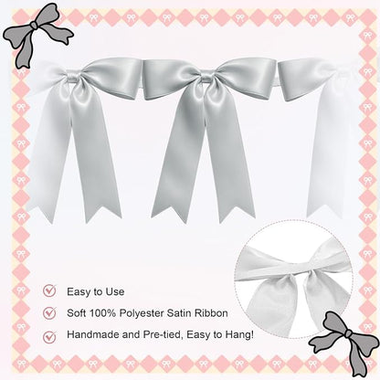 1 String of 8PCS Silver Bow Garland Banner Decoration, Pre-Strung Satin Ribbon - Image 3