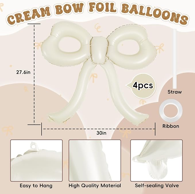 4 Pcs Bow Birthday Decorations Cream Bow Balloons - Image 2