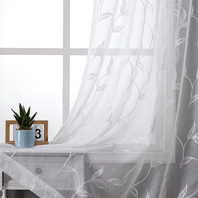 White Sheer Curtains Boho Leaf Floral Embroidered 54Wx108L | Light Filtering by VISIONTEX