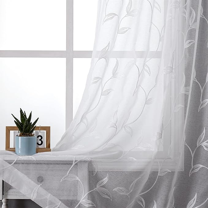 White Sheer Curtains Boho Leaf Floral Embroidered 54Wx84L | Light Filtering by VISIONTEX