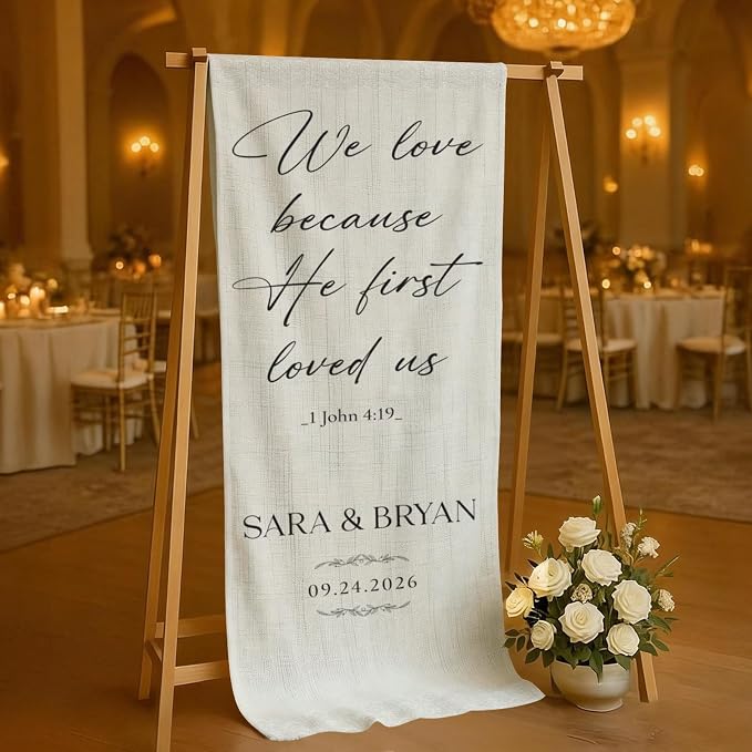 Christian Bible Verse Wedding Linen Wall Tapestry, 1 John 4:19 Scripture Love - Image 4