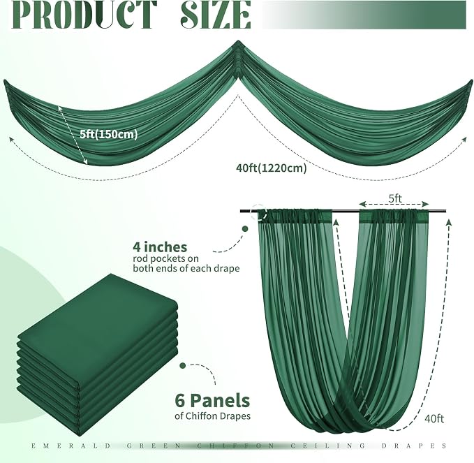 Showgeous 6 Panels Emerald Green Ceiling Drapes - Image 2