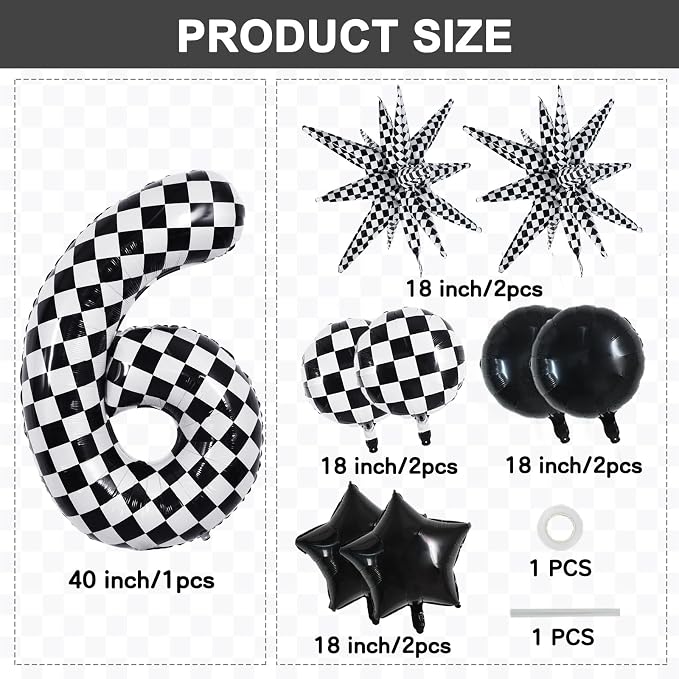 TONIFUL 6th Birthday Balloons Kit 40 Inch Checkered Number 6 Foil Balloon | - Image 2