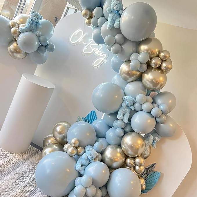 Dusty Blue Balloons, Dusty Blue and Gold Balloons, Baby Shower Balloon Fog - Image 3
