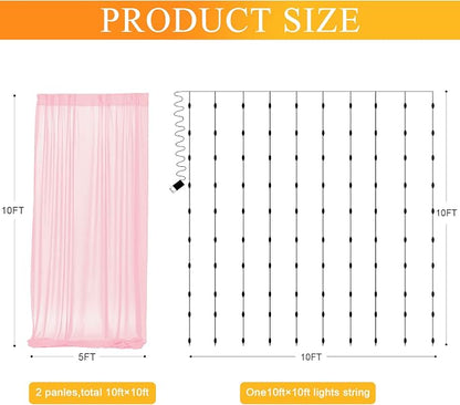 Tulle Backdrop Curtains with Lights Pink 10x10ft Sheer Curtain Backdrop | Tulle - Image 2