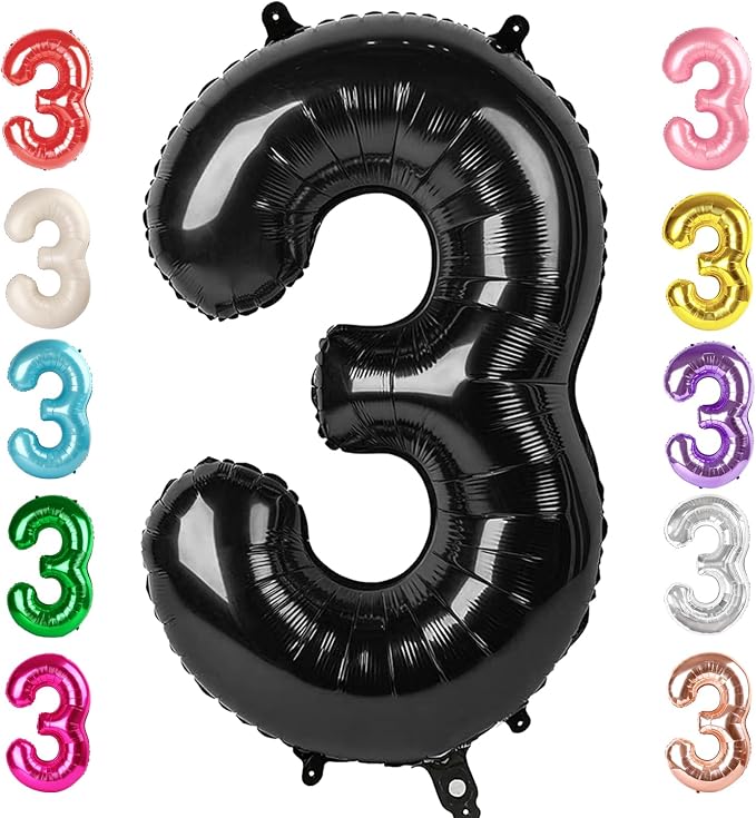 Number 3 Balloons Birthday Decorations, 40In Black Balloons by Mluchee