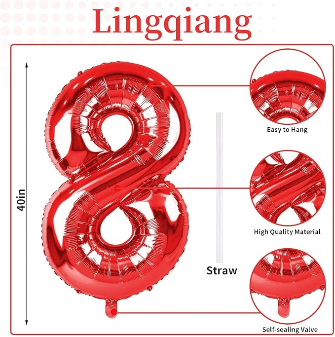 Red Foil Balloon Number 8 for Boys, Large Number 8 Helium Balloon for Girls - Image 2