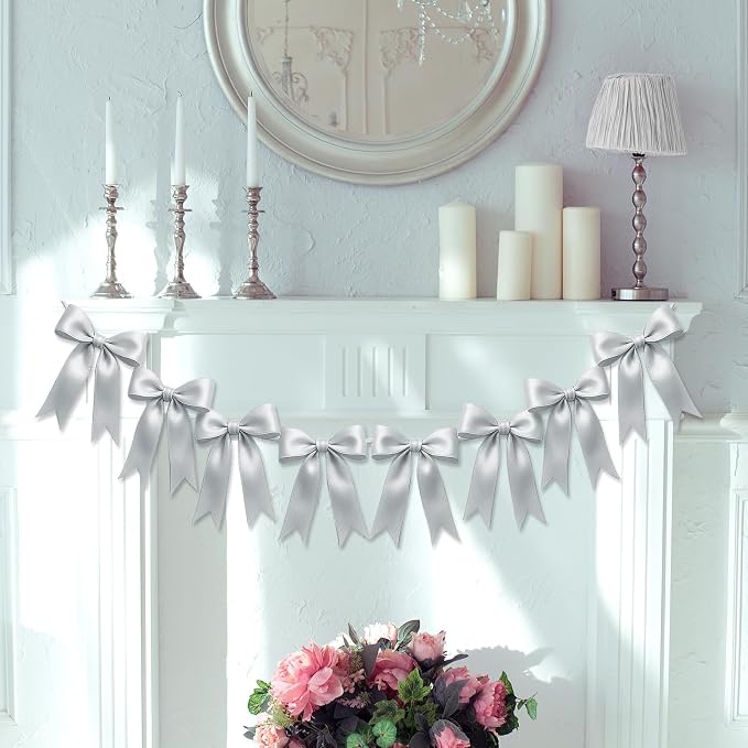 1 String of 8PCS Silver Bow Garland Banner Decoration, Pre-Strung Satin Ribbon - Image 5