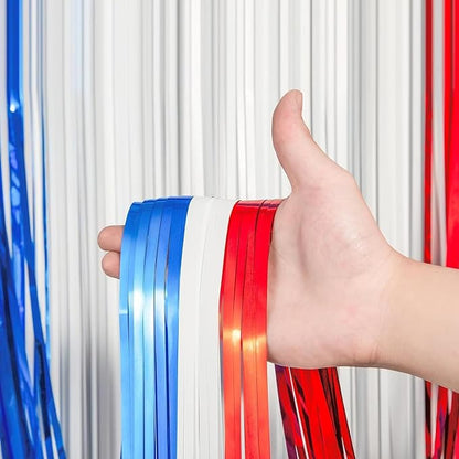 Voircoloria Red White Blue Foil Fringe Backdrop Curtains, 2 Pack | Tinsel - Image 2