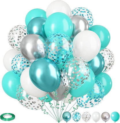 Teal Blue Silver Balloons, Aqua Blue White Silver by Isndare