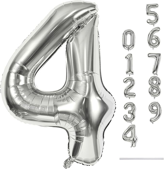 Silver Number Balloons, 40inch Large Number 4 Foil Helium Balloons by Lingqiang