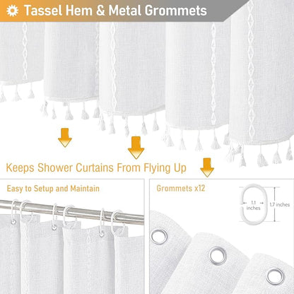 72x96 Extra Long Boho Linen Heavy Duty Cloth Shower Curtain Set, 330GSM Linen - Image 5