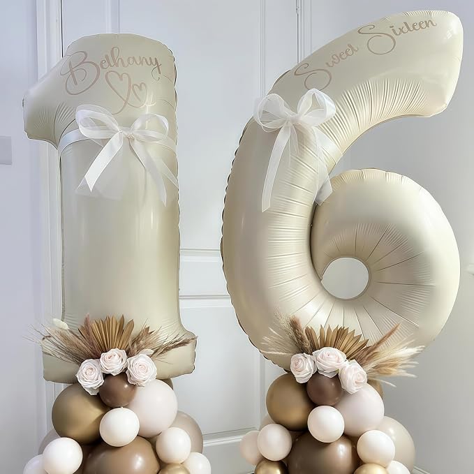 Cream Number 16 Balloons, 40 Inch 16 Balloons Giant Helium Foil Mylar Beige 16 - Image 3