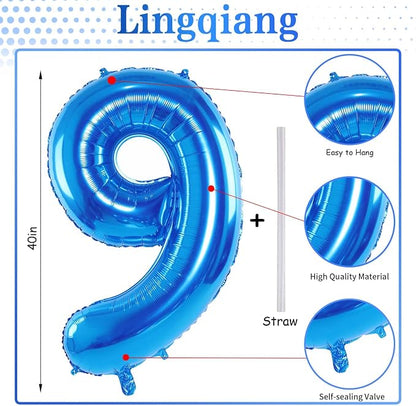 Blue Number 9 Balloons, 40 Inch 9th Birthday Foil Balloon - Image 2