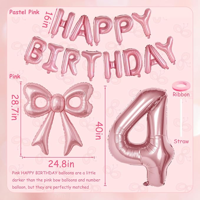 Bow Number 4 Birthday Balloons, Coquette Party Decorations Supplies - Image 6