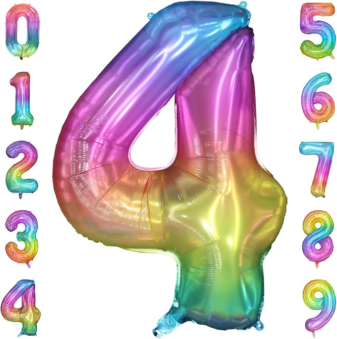 40 Inch Rainbow Number Balloon 4, Large Number Foil Balloons Mylar by PatiCool