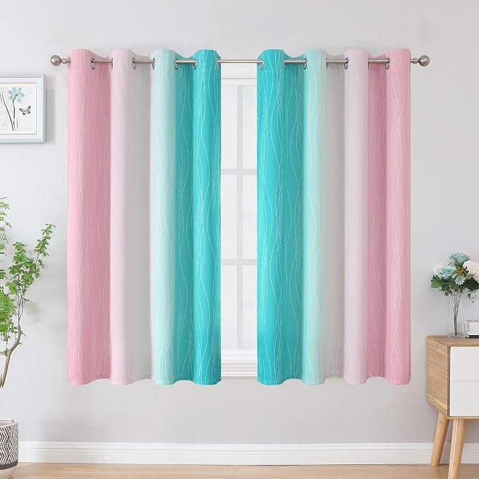 Pink and Teal Blackout Curtains 45 Inch Length, Full Light Blocking Gradient - Image 2
