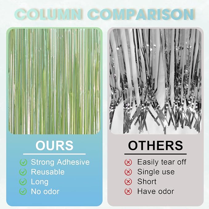 Voircoloria Light Green Foil Fringe Backdrop Curtains, 3 Pack | Tinsel Streamers - Image 3