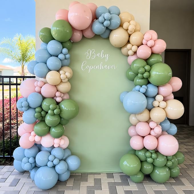 Pink Blue Green Balloons, 12 inch Dusty Green Pale Pink Beige Balloons - Image 4