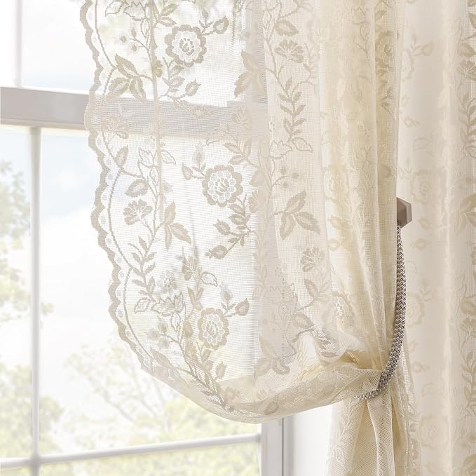 FINECITY Beige Lace Curtains 80 Inches Long by FINECITY