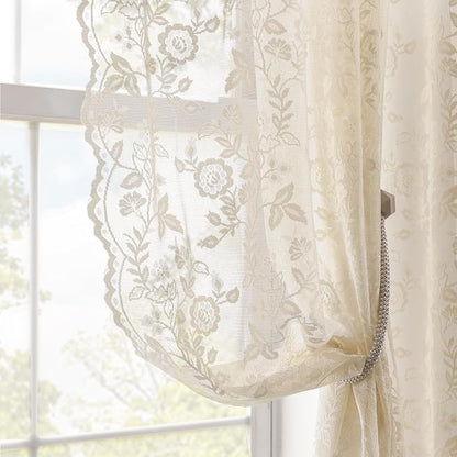 Beige Lace Curtains for Bedroom Rustic Floral 42 x 90 Inch, 2 Panels | Rod by FINECITY
