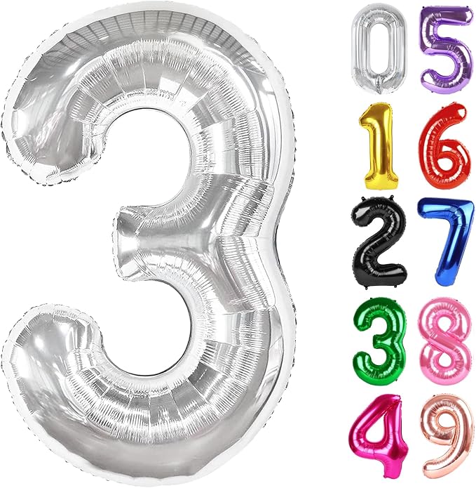 Silver Number 3 Balloon 40 Inch, 3rd Birthday Party Decorations Men Women | by IWERP