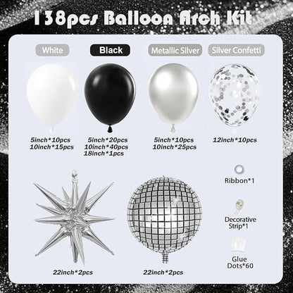 Black Silver Balloon Arch Kit 138Pcs Black White Metallic Silver Confetti Disco - Image 2