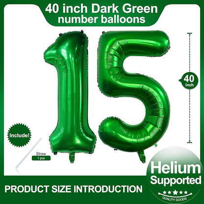 Number 15 Dark Green Balloons 40 Inch Giant Green 15 Numer Foil Helium Balloons - Image 2